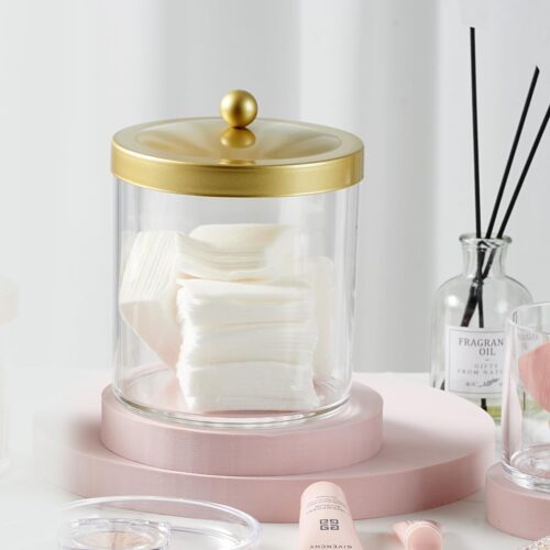 SheeChung Premium Quality Apothecary Jar - 50 Ounce Large Clear Plastic Container Canister with Rust Proof Stainless Steel Lid, Laundry/Kitchen/Bathroom Vanity Countertop Storage Organizer (Gold) - Image 4