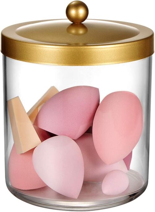 SheeChung Premium Quality Apothecary Jar - 50 Ounce Large Clear Plastic Container Canister with Rust Proof Stainless Steel Lid, Laundry/Kitchen/Bathroom Vanity Countertop Storage Organizer (Gold) - Image 2