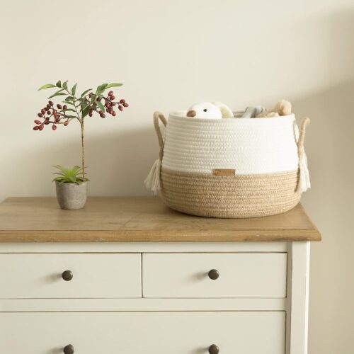 Small Basket for Stuffed Animal,Clothes,Baby Blankets -11.8"x9.8"- Boho Baskets for Living Room,Bedroom,Nursery |Cotton Rope Baskets, Cube Basket, Under Shelf Basket | Baskets for Home Decor - Image 5