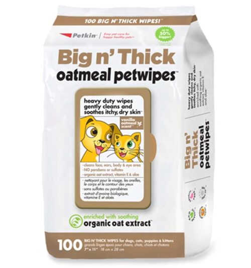 Petkin Pet Wipes for Dogs and Cats, Oatmeal, 100 Wipes (Large) for Dogs and Cats – Soothes Itchy Dry Skin and Cleans Ears, Face, Butt, Body and Eye Area – Idea for Home and Travel