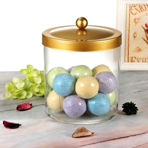 SheeChung Premium Quality Apothecary Jar - 50 Ounce Large Clear Plastic Container Canister with Rust Proof Stainless Steel Lid, Laundry/Kitchen/Bathroom Vanity Countertop Storage Organizer (Gold) - Image 6