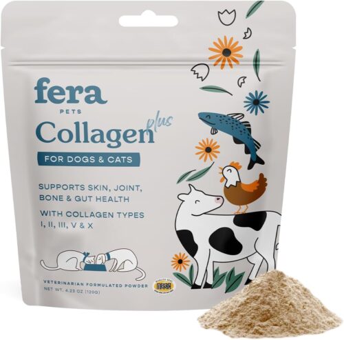 Fera Pet Organics Collagen Plus Cat & Dog Food Topper – Vet Created Support for Pet Joints, Skin, Bone & Immune System with Collagen + Vitamin C – Powder Supplement – 4.23oz