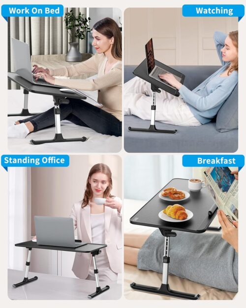 SAIJI Leather Laptop Bed Tray Table, Adjustable Laptop Stand with Removable Stopper, Portable Lap Desks with Foldable Legs, Notebook Stand Breakfast Reading Desk for Sofa Couch((Medium, Black) - Image 6