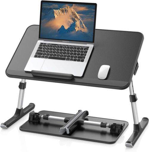 SAIJI Leather Laptop Bed Tray Table, Adjustable Laptop Stand with Removable Stopper, Portable Lap Desks with Foldable Legs, Notebook Stand Breakfast Reading Desk for Sofa Couch((Medium, Black)