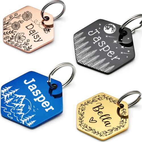 Vimdevs Custom Dog Tags, Funny Double Sided Deep Engraved Stainless Steel Pet Id Tags for Dogs, Cat & Dog Collar Charm, Lightweight Sturdy Cute Cat Id Tags, Personalized Dog Name Tags (Hexagon)