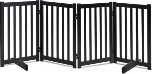 LZRS Solid Hardwood Freestanding Pet Gate,Wooden Dog Gates for Doorways,Nature Wood Dog Gates for The House,Dog Gate for Stairs,Freestanding Indoor Gate Safety Fence,Black,30″ Height-4 Panels