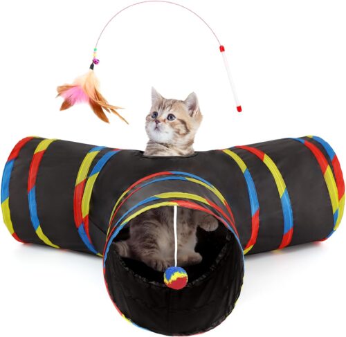Tempcore Pet Cat Tunnel Tube Cat Toys 3 Way Collapsible, Cat Tunnels for Indoor Cats，Kitty Tunnel Bored Cat Pet Toys Peek Hole Toy Ball Cat, Puppy, Kitty, Kitten, Rabbit Black & Rainbow
