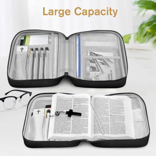 FINPAC Bible Cover, Carrying Book Case Church Bag Bible Protective with Handle and Zippered Pocket, Gift for Mother Lady Women Men, Black & Brown - Image 4