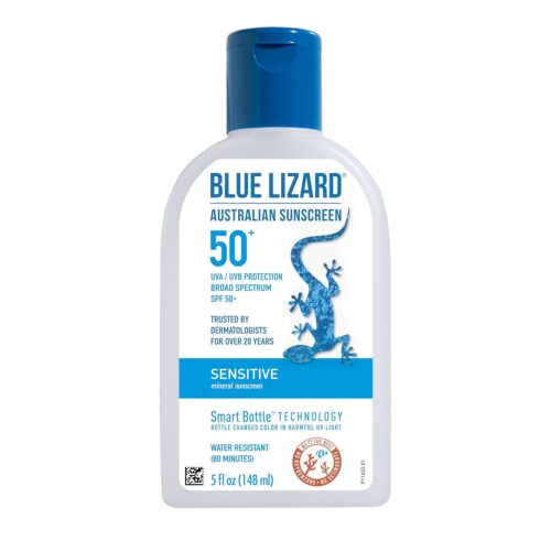 BLUE LIZARD Sensitive Mineral Sunscreen with Zinc Oxide, SPF 50+, Water Resistant, UVA/UVB Protection with Smart Bottle Technology – Fragrance Free, 5 oz