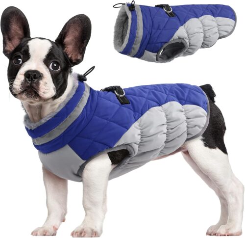 FUAMEY Dog Coat,Warm Dog Jacket Winter Coat Paded Dog Fleece Vest Reflective Dog Cold Weather Coats with Built in Harness Waterproof Windproof Dog Snow Jacket Clothes with Zipper Blue Small