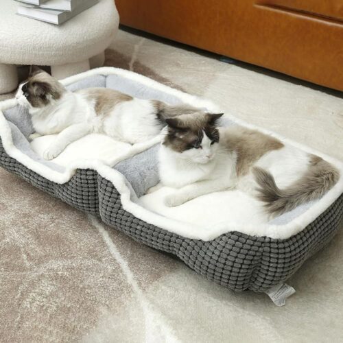 Dog Beds for Two Small Dogs, Double Cat Beds for Indoor Cats, Super Soft Washable Cat Bed with Anti-Slip & Water-Resistant Bottom, Luxury Durable Kitten Bed Puppy Bed, Rectangle Grey Animal Pet Beds - Image 6