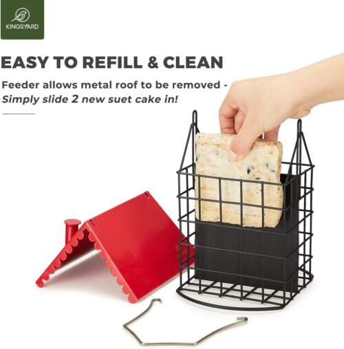 Kingsyard Double Suet Bird Feeder with Weatherproof Roof & Perch, All Metal, Suet Cakes Cage Bird Feeder for Outdoors Hanging, Easy to Clean & Refill, Red - Image 3