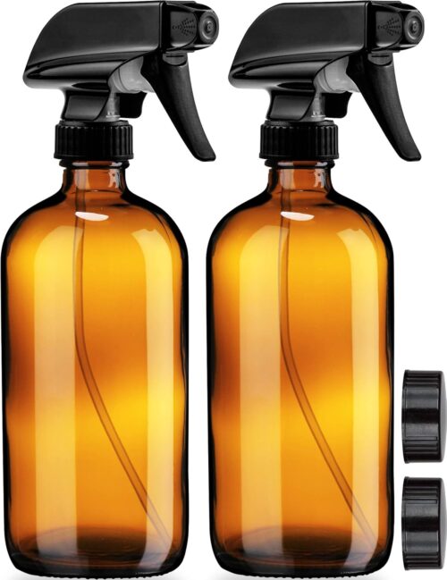 Empty Amber Glass Spray Bottles – 2 Pack – Large 16oz Refillable Bottle is Great for Essential Oils, Plants, Cleaning Solutions, Hair Mister – Durable Nozzle w/Fine Mist and Stream Setting