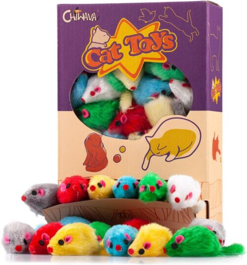 CHIWAVA 36PCS 4.1” Furry Cat Toy Mice Rattle Small Mouse Kitten Interactive Play Assorted Color