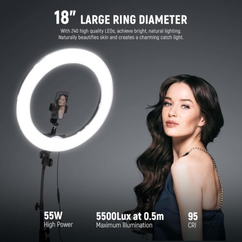 NEEWER Ring Light 18inch Kit: 55W 5600K Professional LED with Stand and Phone Holder, Soft Tube & Bag for Tattoo Lash Extension Barber Makeup Artist Studio Video Photography Lighting, RL-18 - Image 3