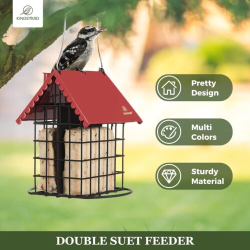Kingsyard Double Suet Bird Feeder with Weatherproof Roof & Perch, All Metal, Suet Cakes Cage Bird Feeder for Outdoors Hanging, Easy to Clean & Refill, Red - Image 2