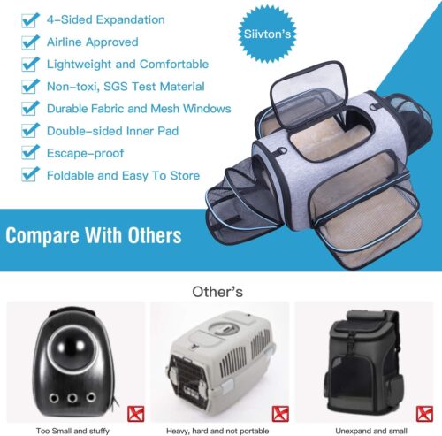 Siivton Pet Carrier Airline Approved, 4 Sides Expandable Cat Carrier Bag with Removable Fleece Pad, Large Soft Sided Pet Travel Carrier, Dog Carrier for Cats, Puppy and Small Dogs - Image 8