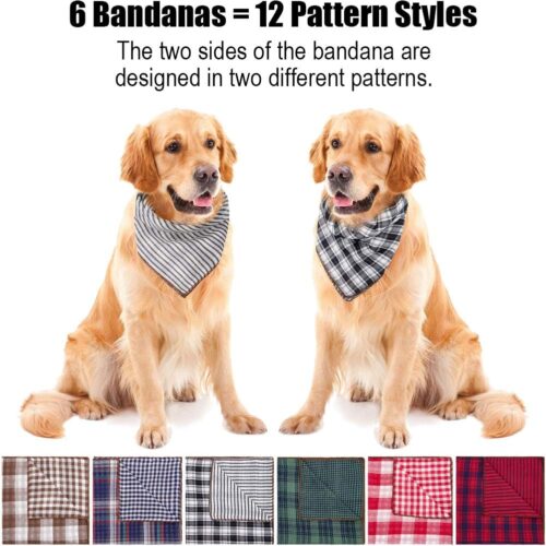 Remifa Dog Bandana - 6PCS Birthday Gift Washable Green Blue Red Christmas Bandana Square Plaid Printing Bib Double Reversible Kerchief Scarf Adjustable Accessories for Small to Large Dog Puppy Cat - Image 3