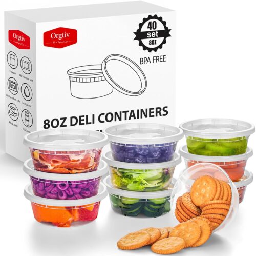 8oz 40set Deli Containers with Lids, Small Containers with Lids, Disposable Quart Containers – Leakproof, Microwave/Dishwasher Safe, Durable