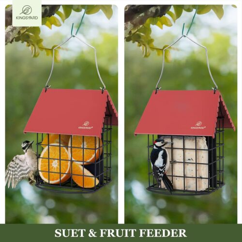 Kingsyard Double Suet Bird Feeder with Weatherproof Roof & Perch, All Metal, Suet Cakes Cage Bird Feeder for Outdoors Hanging, Easy to Clean & Refill, Red - Image 4
