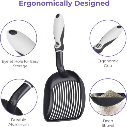 iPrimio Cat Litter Scoop Metal w/ Deep Shovel, Black - Non Stick Plated Aluminum Cat Litter Scooper with Holder - Litter Box Scooper - Metal Cat Litter Scoop - Patented Sifter w/ Holder - Solid Handle - Image 5