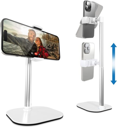 Cooper ChatStand – Height Adjustable Cell Phone Stand for Desk | Rotating, Tilting, 9-14″ Telescoping Eye-Level View Cell Phone Holder for Desk (Frost White, 1-Pack)