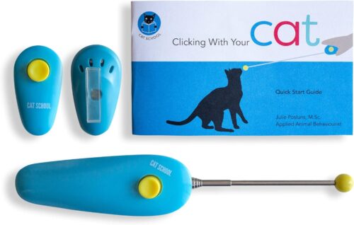 CAT SCHOOL Clicker Training Kit – 1 Cat Training Clicker, 1 Target Stick, 1 Step-by-Step Instruction Booklet – Clicker Tools for Cat Training, Fist Bump Training, Positive Behavior