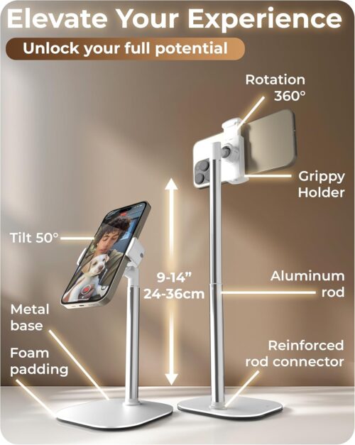 Cooper ChatStand - Height Adjustable Cell Phone Stand for Desk | Rotating, Tilting, 9-14" Telescoping Eye-Level View Cell Phone Holder for Desk (Frost White, 1-Pack) - Image 6