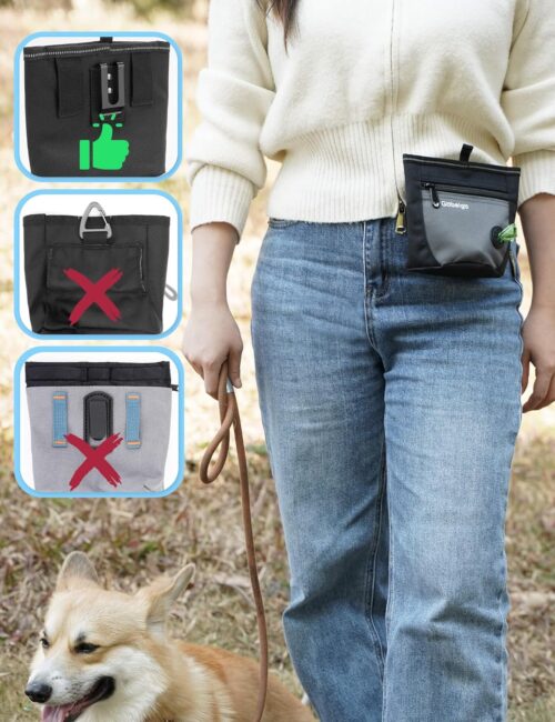 Gobeigo Dog Treat Pouch and Training Clicker, Upgrade Two Magnetic Closure to Prevent Spills, 2 Cup Treat Bag with Poop Bag Dispenser, Metal Clip Waist Belt Fanny Pack for Pet Walking (Black/Gray) - Image 4