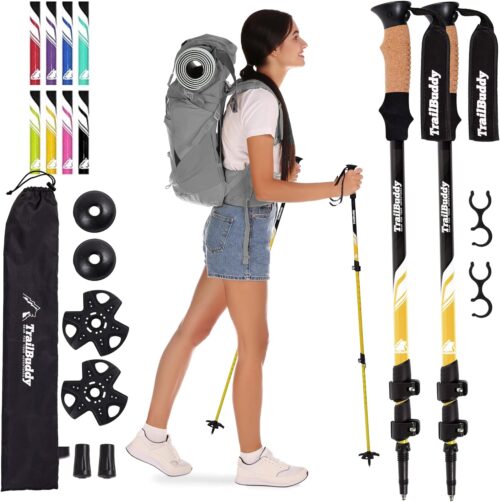 TrailBuddy Trekking Poles – Lightweight, Collapsible Hiking Poles for Snowshoe & Backpacking Gear – Pair of 2 Walking Sticks for Hiking, 7075 Aluminum with Cork Grip