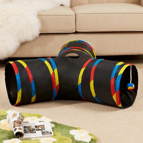 Tempcore Pet Cat Tunnel Tube Cat Toys 3 Way Collapsible, Cat Tunnels for Indoor Cats，Kitty Tunnel Bored Cat Pet Toys Peek Hole Toy Ball Cat, Puppy, Kitty, Kitten, Rabbit Black & Rainbow - Image 2
