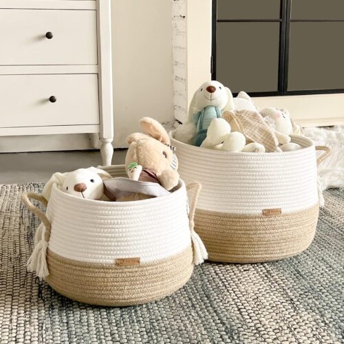 Small Basket for Stuffed Animal,Clothes,Baby Blankets -11.8"x9.8"- Boho Baskets for Living Room,Bedroom,Nursery |Cotton Rope Baskets, Cube Basket, Under Shelf Basket | Baskets for Home Decor - Image 3