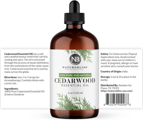 NaturoBliss 100% Pure Cedarwood Essential Oil Therapeutic Grade Premium Quality (4 fl. oz) with Glass Dropper, Perfect for Aromatherapy - Image 4