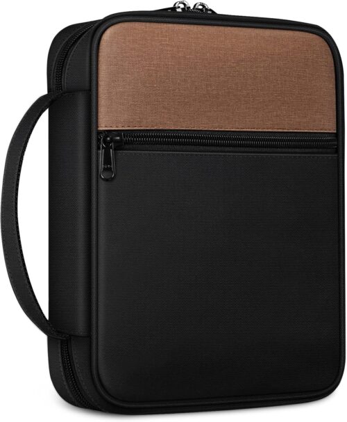 FINPAC Bible Cover, Carrying Book Case Church Bag Bible Protective with Handle and Zippered Pocket, Gift for Mother Lady Women Men, Black & Brown