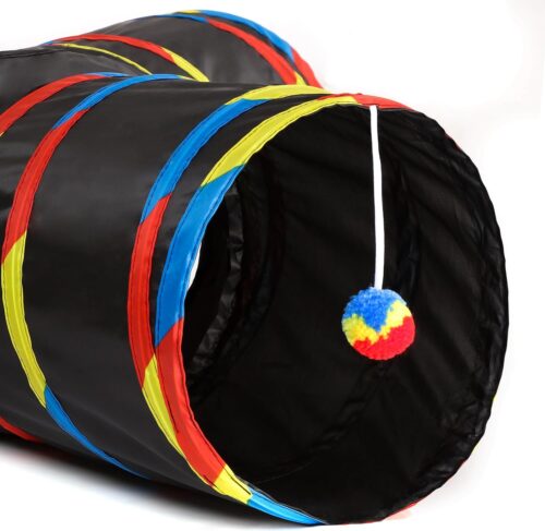 Tempcore Pet Cat Tunnel Tube Cat Toys 3 Way Collapsible, Cat Tunnels for Indoor Cats，Kitty Tunnel Bored Cat Pet Toys Peek Hole Toy Ball Cat, Puppy, Kitty, Kitten, Rabbit Black & Rainbow - Image 6