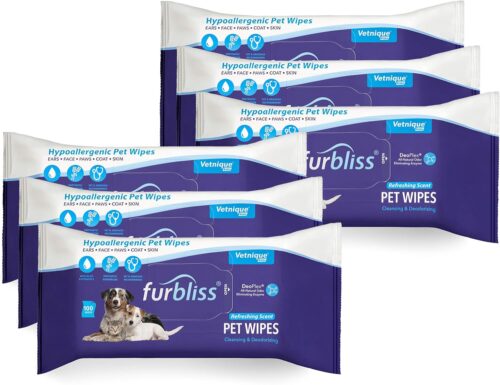 Vetnique Labs Furbliss Hygienic Pet Wipes for Dogs & Cats, Cleansing Grooming & Deodorizing Hypoallergenic Thick Wipes with All Natural Deoplex Deodorizer (Refreshing, 600ct)