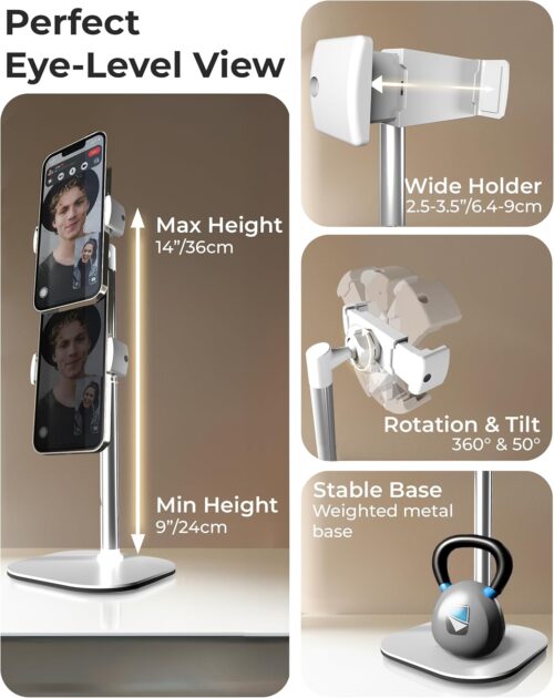 Cooper ChatStand - Height Adjustable Cell Phone Stand for Desk | Rotating, Tilting, 9-14" Telescoping Eye-Level View Cell Phone Holder for Desk (Frost White, 1-Pack) - Image 3