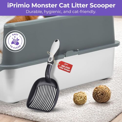 iPrimio Cat Litter Scoop Metal w/ Deep Shovel, Black - Non Stick Plated Aluminum Cat Litter Scooper with Holder - Litter Box Scooper - Metal Cat Litter Scoop - Patented Sifter w/ Holder - Solid Handle - Image 2