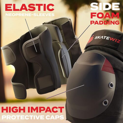 SKATEWIZ Adult Knee elbow Pads Roller Skate Pads Adult Women [6pc] SHIELD Size L Black - Elbow Pads Set Wrist Guards - skating protective gear adult skate - Roller skate Skateboard Youth - Image 3