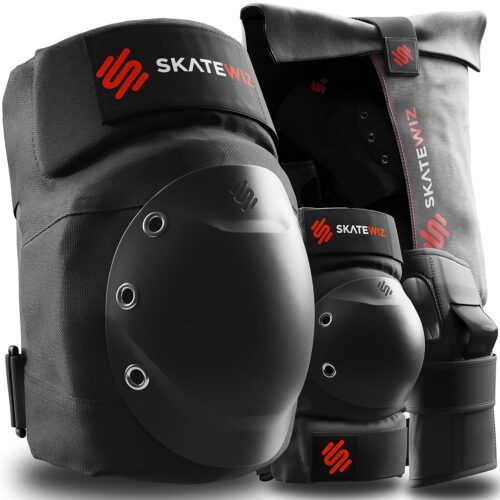SKATEWIZ Adult Knee elbow Pads Roller Skate Pads Adult Women [6pc] SHIELD Size L Black - Elbow Pads Set Wrist Guards - skating protective gear adult skate - Roller skate Skateboard Youth