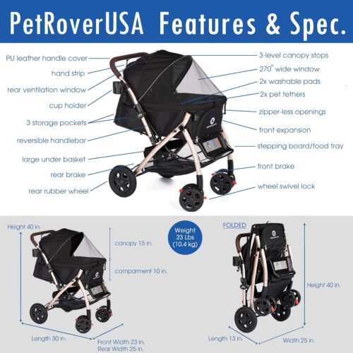 HPZ-PR America HPZ Pet Rover - Premium Heavy Duty Dog/Cat Stroller - Travel Carriage Compartment Zipperless - Pump Free Rubber Tires Small, Medium/Large Pets (Black 2nd-Gen.), X-Large - Image 4